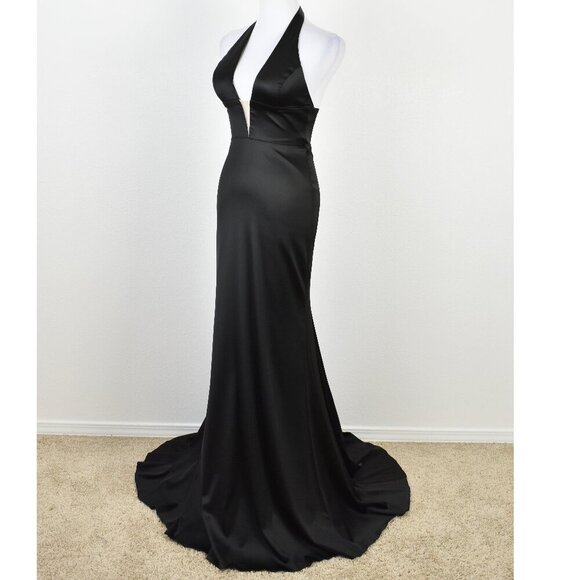 Sherri Hill 50919 Black Satin Deep V-Neck Halter Formal Gown - 2 - Picture 6 of 11